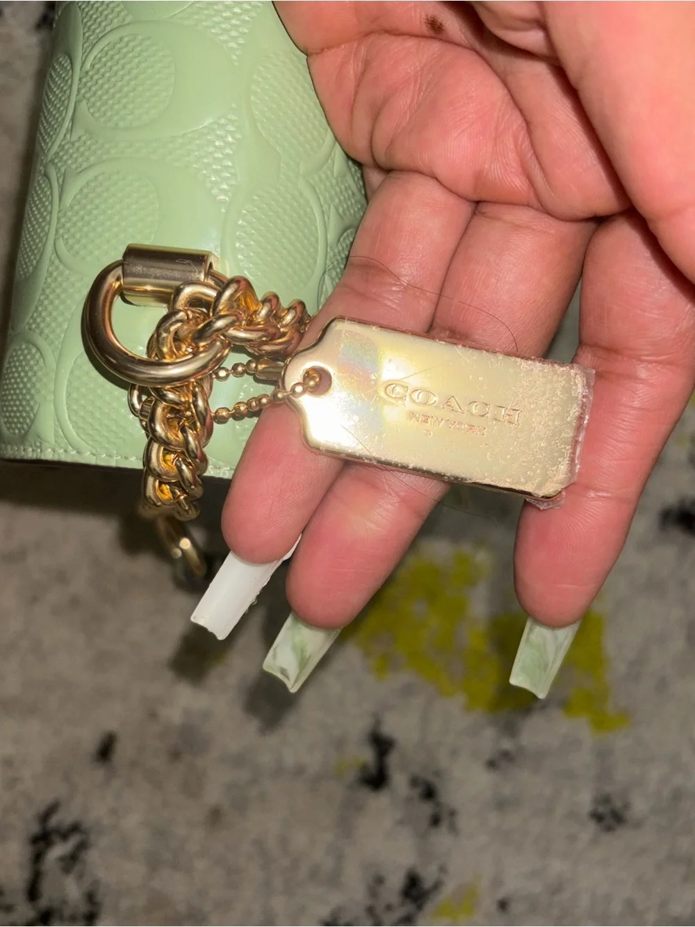 Coach Mint Green Embossed Leather Shoulder Bag with Gold Chain